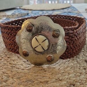 Morrocan Concha Belt Leather Woven L/XL Cognac Color